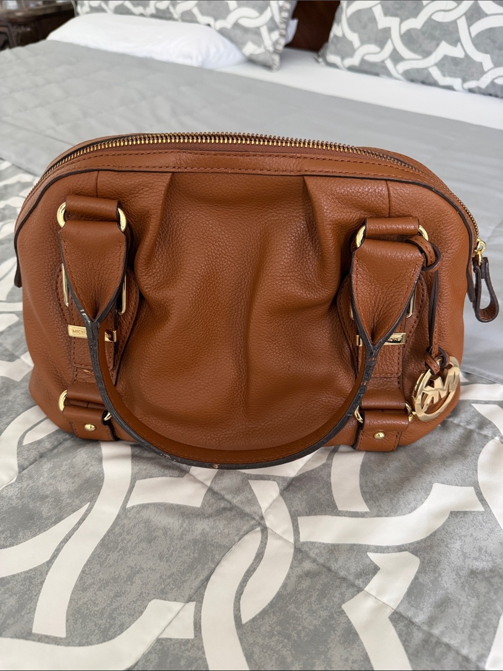 Michael Kors Cognac Pebbled Leather Satchel with Gold Hardware